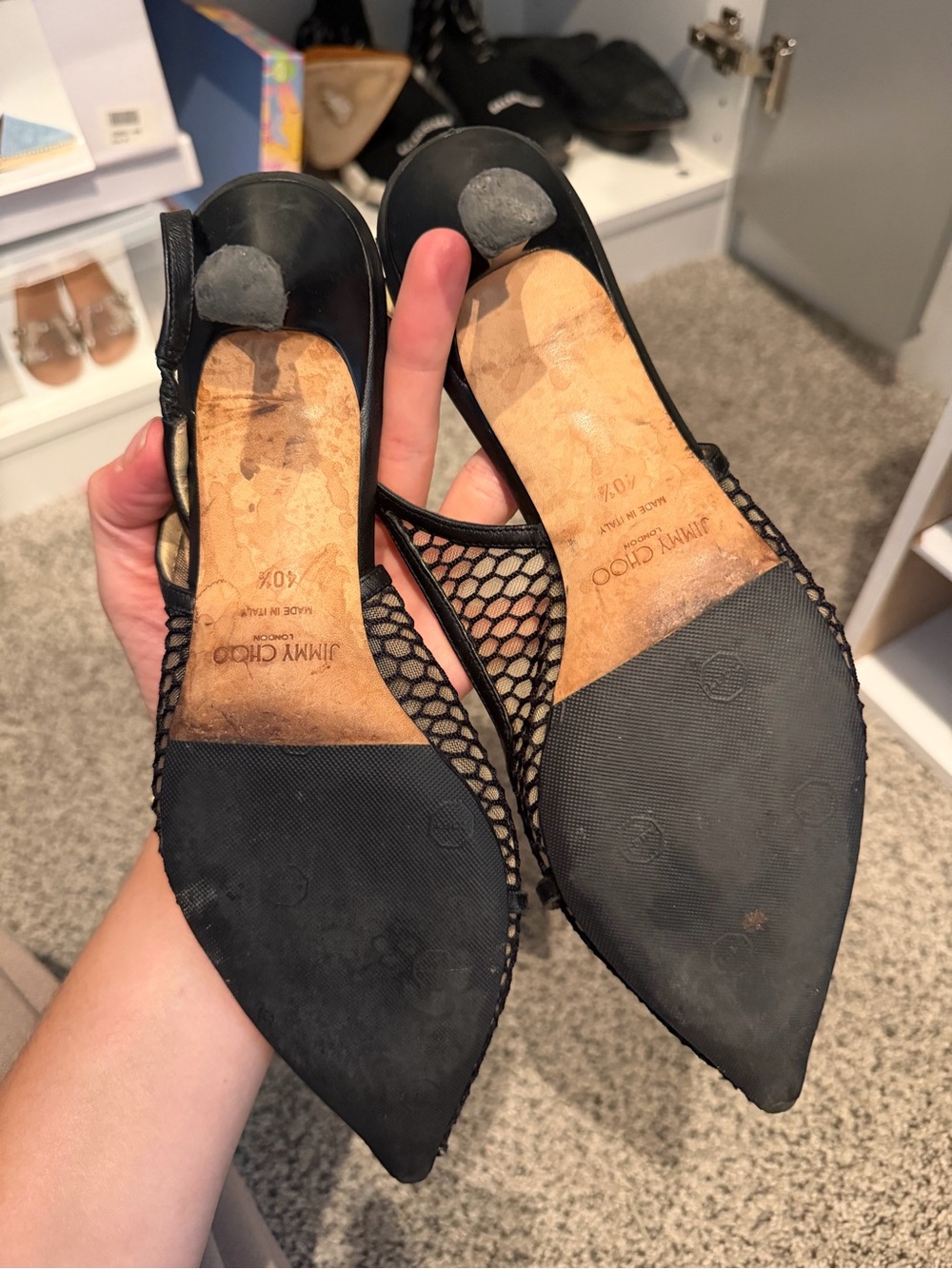 Jimmy Choo Black Mesh Pointed Slingback Heels with Pearl Accent - Picture 3 of 5